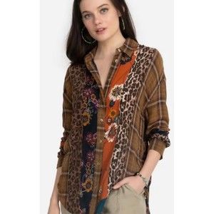 JOHNNY WAS Floral Cotton Silk Button Up Long Sleeve Shirt